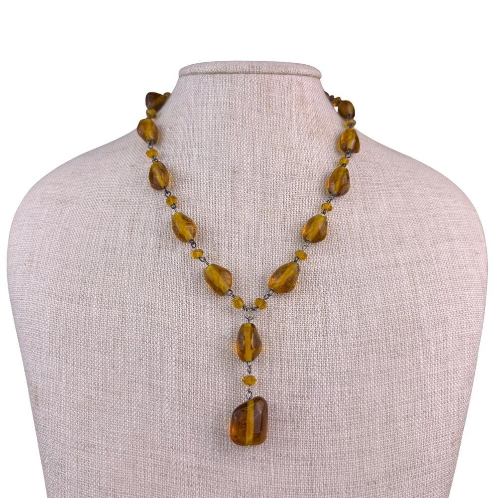 Vintage 90"s Amber Tone & Glass Boho Y-Shaped Necklace Drop Extender